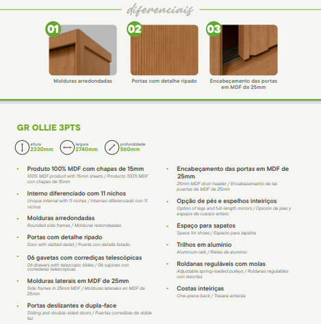 Guarda-roupa Ollie 3 Portas 6 Prateleiras 6 Gavetas 100% MDF Amêndoa Clean/Off White/Amêndoa Clean - Imagem 2