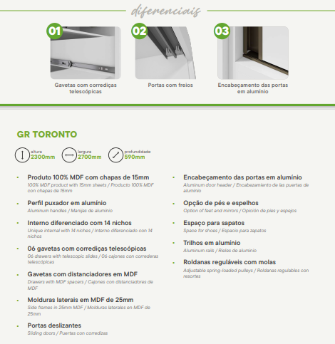 Guarda-Roupa Toronto Plus com Espelho – 2 Portas, 6 Gavetas, Branco – Lopas - Imagem 2