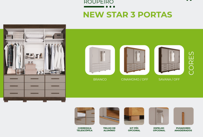 Guarda Roupa New Star 3 Portas 9 Gavetas com Espelho Salleto Cinamomo/ Off White Branco - Imagem 2