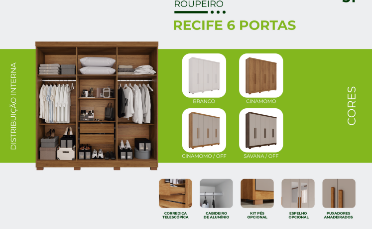Guarda Roupa Casal 6 Portas Recife C/pés Salleto Cinamomo / Off White - Imagem 2
