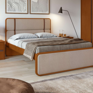 Cama Casal Leder em Mdp/mdf Tecido Linho Frassino/Off White