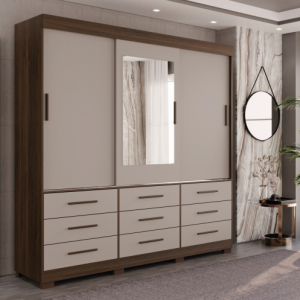 Guarda Roupa New Star 3 Portas 9 Gavetas com Espelho Salleto Cinamomo/ Off White Branco