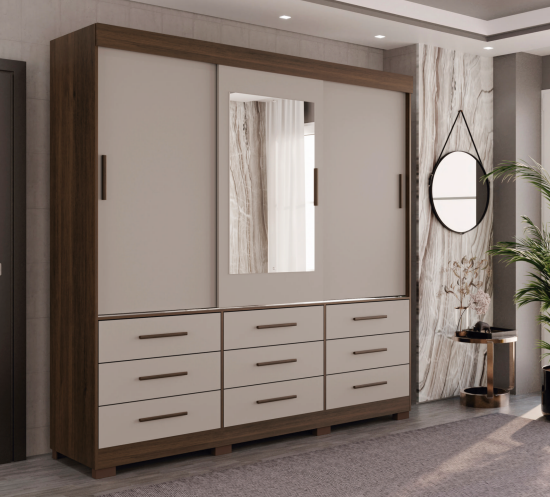 Guarda Roupa New Star 3 Portas 9 Gavetas com Espelho Salleto Cinamomo/ Off White Branco