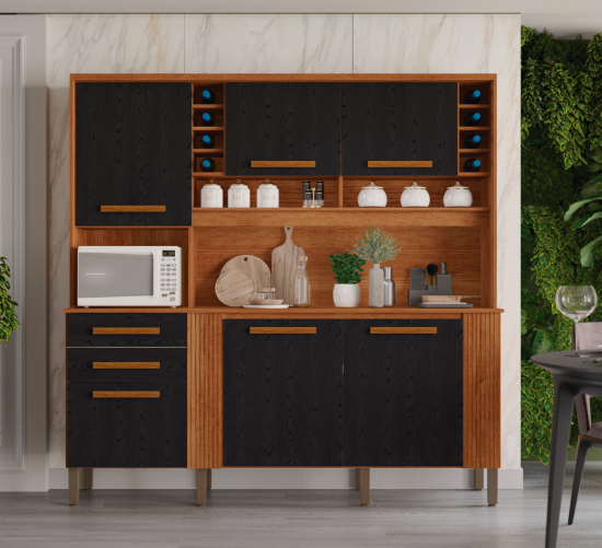 Armário de Cozinha Catar 6 Portas 2 Gavetas Salleto Cor Cinamomo Preto