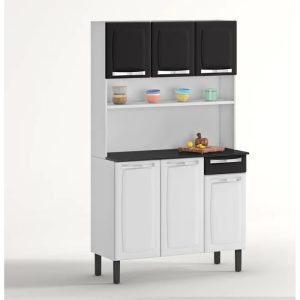 Conjunto Cozinha com Tampo 6 Portas 1 Gaveta Rose Itatiaia Branco/Preto