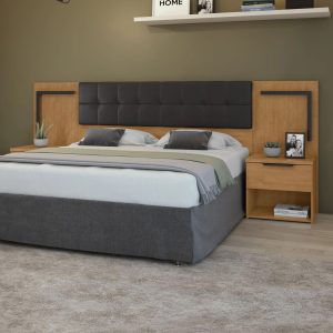 Cabeceira Casal / Queen 160cm 2 Mesas de Cabeceiras com Led Calitan Amêndoa Clean/Preto Fosco