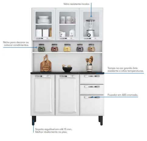 Armário Kit de Cozinha Compacta Aço 6 Portas 2 Gavetas Itatiaia Pratika Branco com Preto - Imagem 2