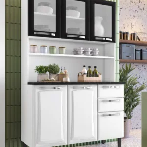 Armário Kit de Cozinha Compacta Aço 6 Portas 2 Gavetas Itatiaia Pratika Branco com Preto