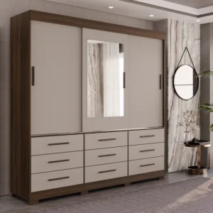 Guarda Roupa New Star 3 Portas 9 Gavetas com Espelho Salleto Cinamomo/ Off White Branco